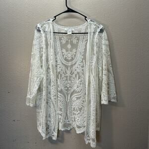 Rachel Zoe Open Front Duster Cover Up OS Embroidered Floral Boho Western White